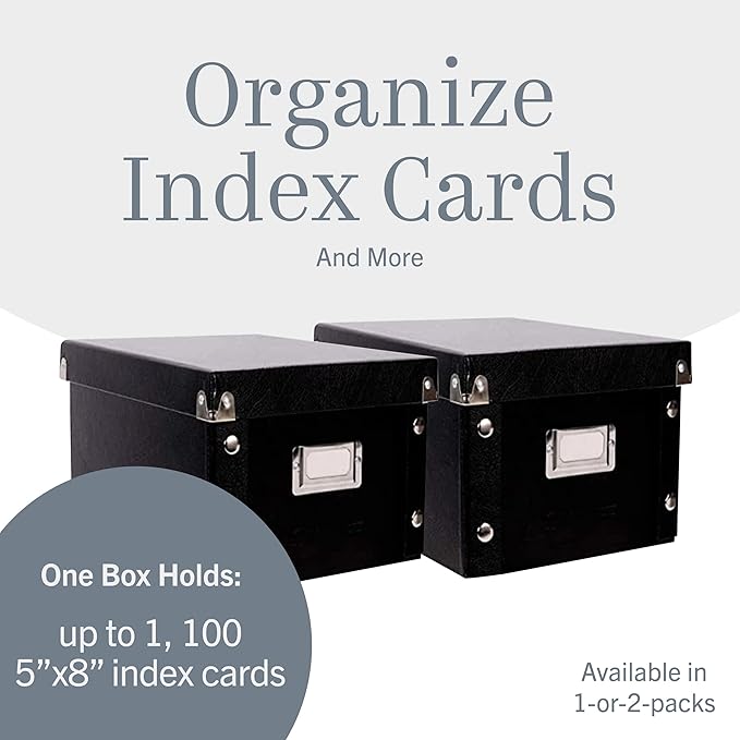 Snap-N-Store Index Card Holder - Collapsible Organizer Box fits 1100 5x8-Inch Flash Cards - Business, Recipe, or Note Card Storage Boxes - 2 Pack, Black