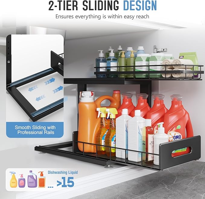 1 Pack 18 IN Depth Under Sink Organizer with Smooth Ball Bearing Slides, 2-Tier Pull Out Cabinet Storage, Slide Out Drawers for Bathroom&Kitchen, Rust-resistant Coating, Height Adjustable - Black