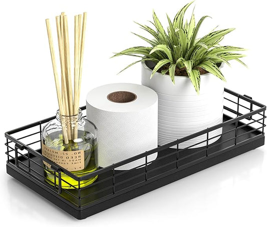Toilet Paper Basket, 13 Inch Oak and Iron Tank Tray Top of Toilet Storage Toiletries Organizer for Bathroom, Living Room and Kitchen (Black)