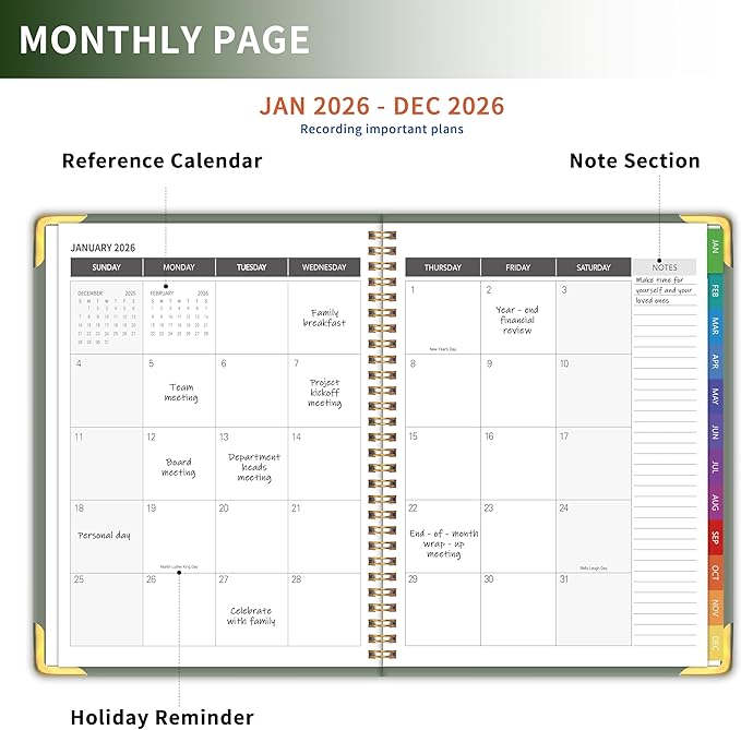 Planner -2026, Hardcover Weekly & Monthly Calendar Planner, January 2026 - December 2026, 6" x 8", Daily Agenda Book with Colorful Tabs, College Organizer Notebook, School & Work Supplies for Student Teacher Classroom