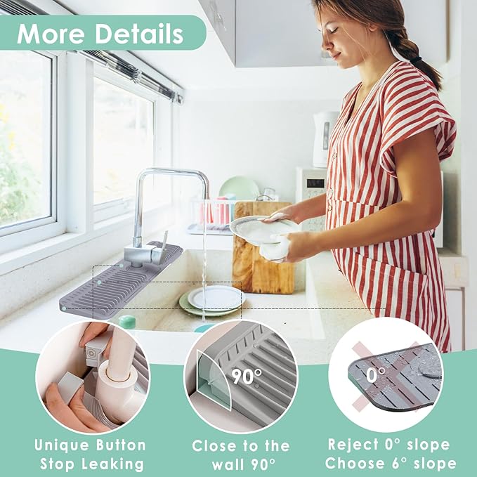 24 Inch Silicone Faucet Mat for Kitchen Sink Splash Guard - 7° Slope Water Draining Mat With Fasten Button for Bathroom Area (Dark Grey, 24''x5.5'')