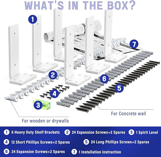 Goovilla Shelf Bracket, Heavy Duty Floating Shelf Brackets 6 inch Long, 6 Pack Brackets for Shelves, White Coated Metal Wall Shelf Support Brackets with 1/5 Inch Thick and 160 lb. Load Capacity