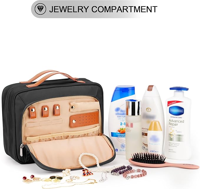 Travel Hanging Toiletry Bag for Women and Men, with 8 Leak Proofing Silicone Bottle Covers, Waterproof Makeup Accessories, Cosmetic Essentials, Cruise Ship Toiletry Bag with Jewelry Organizer, Black