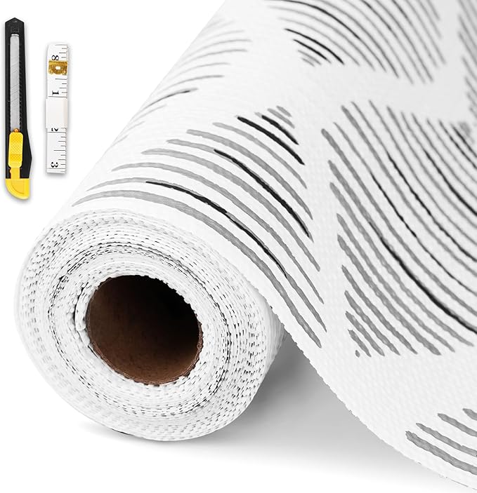 Drawer and Shelf Liner for Kitchen Cabinet,Non-Adhesive Cabinet Liner 24in x 20FT,Waterproof Shelf Paper Non-Slip Mats Cupboard Liners Contact Protect Dresser/Shelves/Table-Square Stripes
