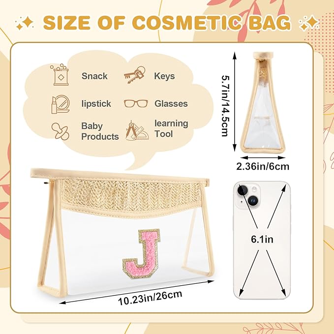 Small Boho Straw Initial Letter Makeup Bag Personalized Gift ,Cute Clear Chenille Patch Makeup Bag With Zipper,Trendy TSA Approved Travel Toiletry Bag,Gift for Women Girls Birthday Friend, Letter J