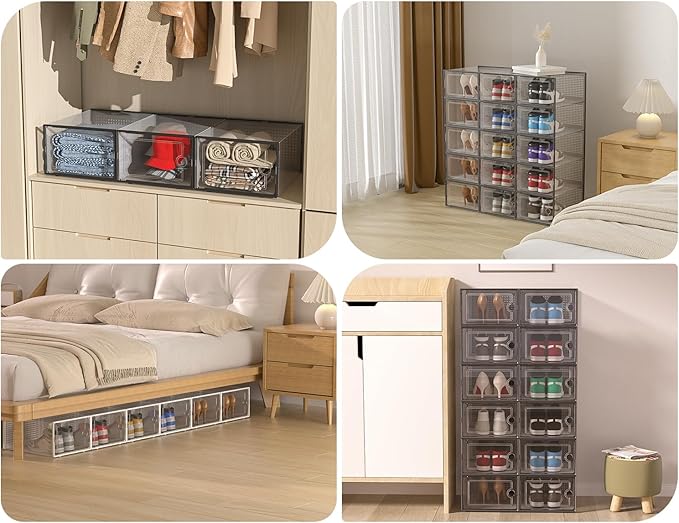 Kuject XX-Large Shoe Storage Boxes Organizers Clear Plastic Stackable 12 Pack, Shoe Rack & Holder Substitute, Sneaker Containers, Shoe Storage Organizer Bins for Closet, Under Bed, White (No Fold Line)