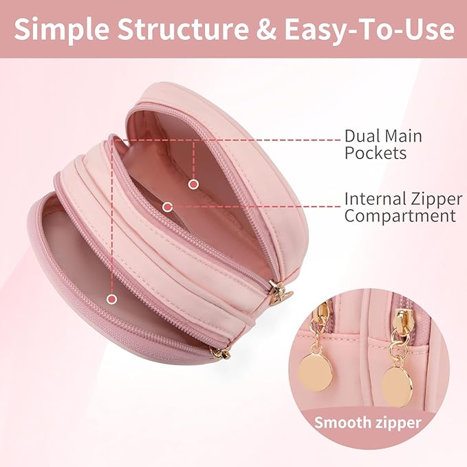 2PCS Small Makeup Pouch, Double Zipper Cosmetic Bag, Travel Makeup Bag, Cute Makeup Bag for Purse, Mini Toiletry Bag (White+Pink)