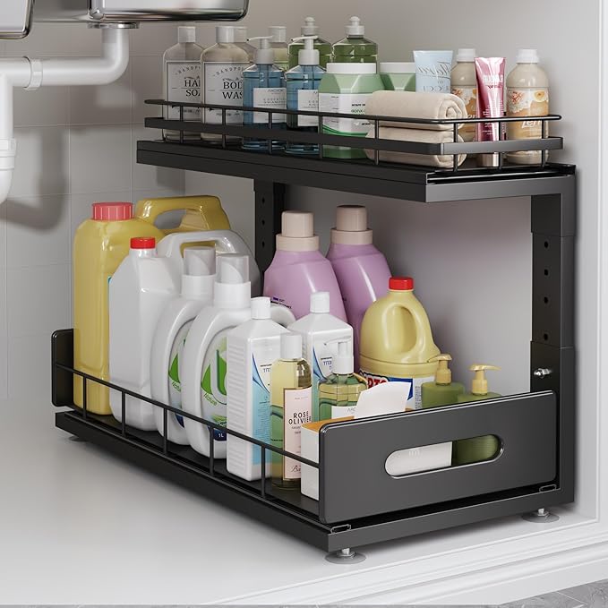 1 Pack 18 IN Depth Under Sink Organizer with Smooth Ball Bearing Slides, 2-Tier Pull Out Cabinet Storage, Slide Out Drawers for Bathroom&Kitchen, Rust-resistant Coating, Height Adjustable - Black