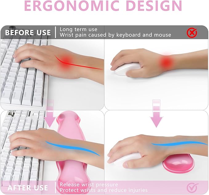 Gel Keyboard and Mouse Wrist Rest, Cute Wrist Support and Arm Support Keyboard Rest for Keyboard and Mouse Typing Pain Relief, Suitable for Office/Computer/Laptop/Gaming (Transparent Pink Set)