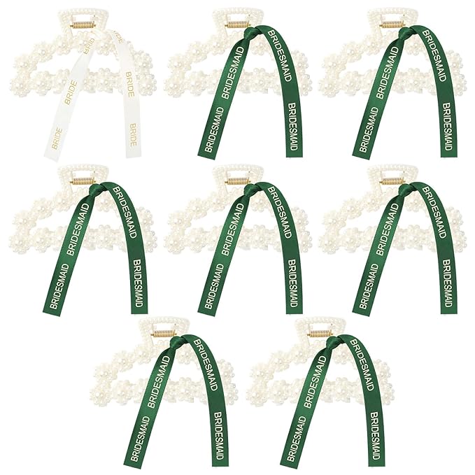 DEEKA Bridesmaid Proposal Gifts 8 Pack Pearl Bridesmaid Hair Claw Clips with Ribbon 3 Inch Hair Clips Bachelorette Party Favors Bridal Party Present Hair Accessories (Half Circle White&Dark Green)