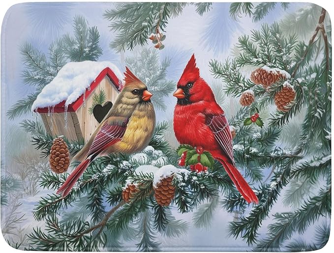 Winter Red Cardinal Bird Dish Drying Mat for Kitchen Counter,Holly Berry Branches Xmas Snowflake Cabin Drying Mat 18 x 24 Inch with High Absorbent Microfiber Drainer Mat for Coffee Bar