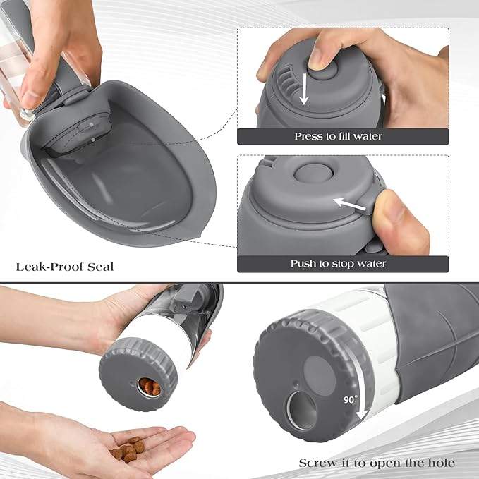 Upgraded Dog Water Bottle, Portable Dog Cat Puppy Pet Water Dispenser Feeder with Drinking Cup and Food Container Leak Proof for Outdoor Walking, Travel, Hiking 12OZ Grey