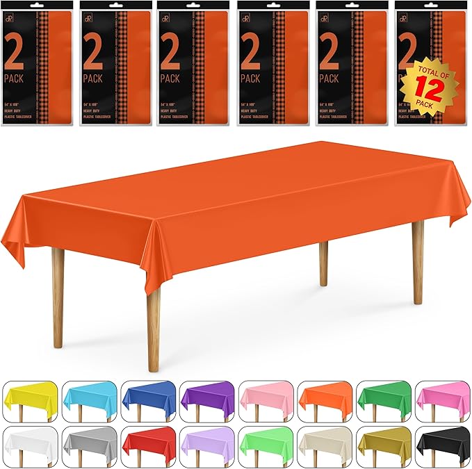 DecorRack 12 Rectangular Tablecloths BPA-Free Plastic, 54 x 108 inch, Dining Table Cloth, Rectangle Table Cover for Parties, Picnic, Camping and Outdoor, Disposable or Reusable, Orange (12 Pack)