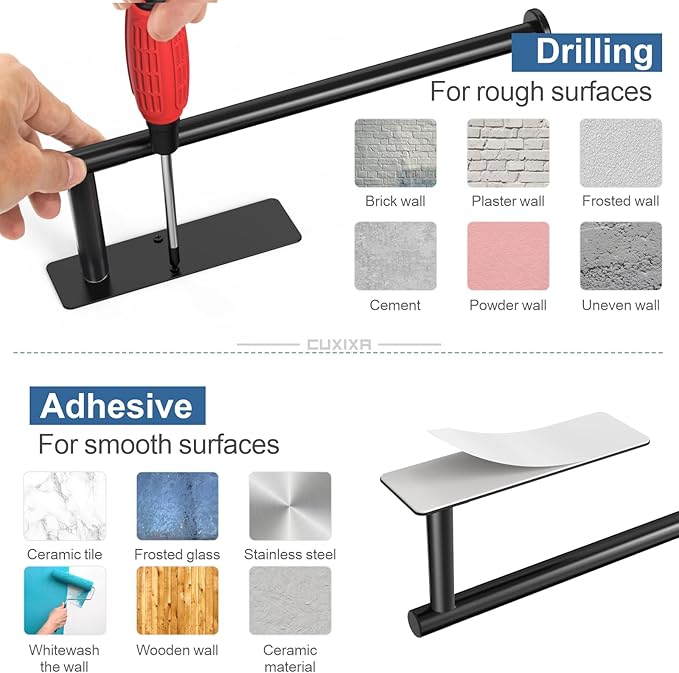 CUXIXA Paper Towel Holder Under Cabinet 2 Pack, Under Counter Paper Towel Holder Wall Mount with Self Adhesive and Screws for Kitchen, Bathroom, RV (Stainless Steel, Black)