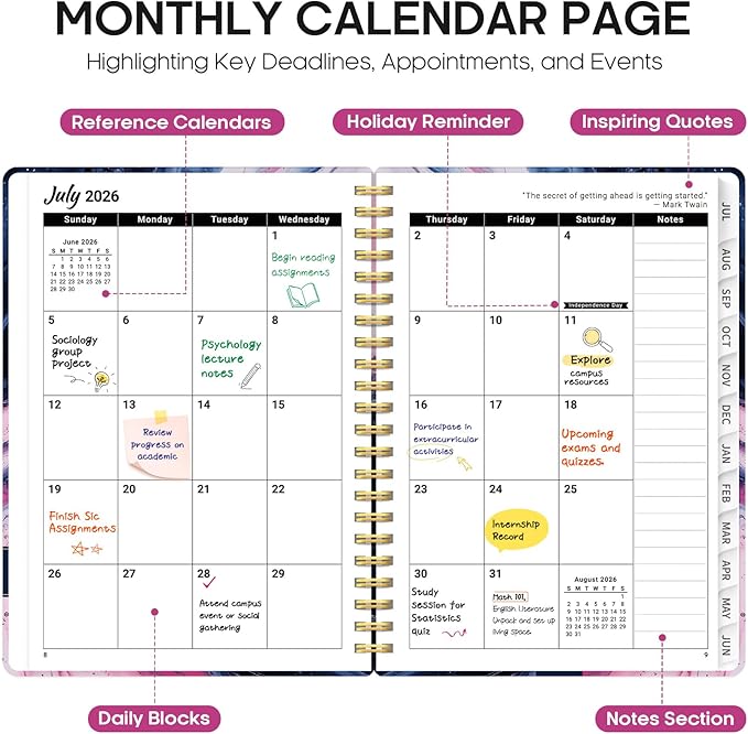 Planner 2026-2027, Academic Year Monthly and Weekly Calendar Planner, Jul 2026 - Jun 2027, Hardcover Teacher Student Planning Agenda book with Tabs, Perfect for School Office Supplies, 6.3" x 8.5" - Pink Vortex