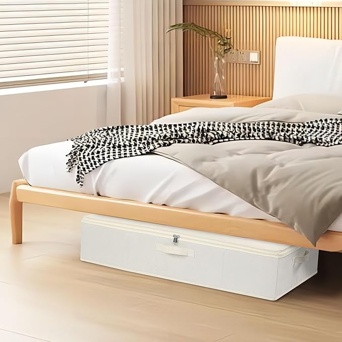 Underbed Storage Organizers, Container Bags with Lids, Storage Boxes With Sturdy Structure and Reinforced Handles, Beige, 3 Pack, 31.5 x 15.7 x 5.9 Inch