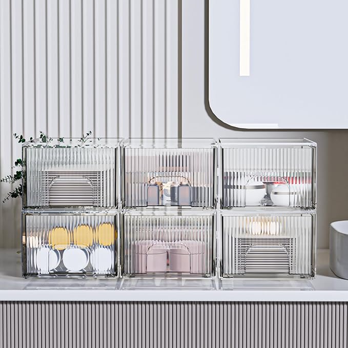 ZHIAI 6 Pack Clear Stackable Storage Drawer, Acrylic Drawer, Cosmetic Organizer, Plastic Organizer for Dresser, Under, Kitchen Cabinet, Pantry, Home Organization and Storage