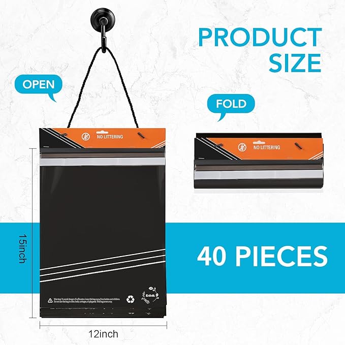 40 Pcs Disposable Car Trash Bag - Large Capacity - Car Garbage Bag Hanging from Headrest - Easy to Stick-On, Leakproof, Smellproof Car Trash Can, Puke Bags - Ideal for Travel, Camping, and Home Use