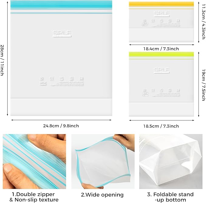 SPLF 12 Pack Reusable Gallon Freezer Bags Dishwasher Microwave Safe, 1 Gallon BPA Free Leakproof Food Storage Bags, Silicone Free Containers for Meal Prep, Fridge Kitchen Organization