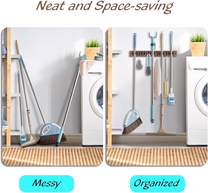 Mop and Broom Holder Wall Mount - Wooden Broom Mop Hanger - Wall Mounted Garden Tool Rack Organizer for Closet Garage Laundry Room for Rustic Kitchen Decor With 5 Slots & 4 Hooks