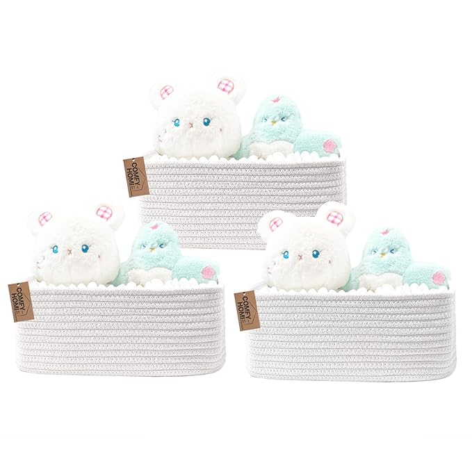 COMFY-HOMI 13" x 8.5" x 5.1" Storage Baskets for Organizing | Cotton Rope Woven Basket | Toy Storage Bin Box | Basket for Shelves, Closet Organizer Bin, Decorative Closet Shelf, 3 Pack, White