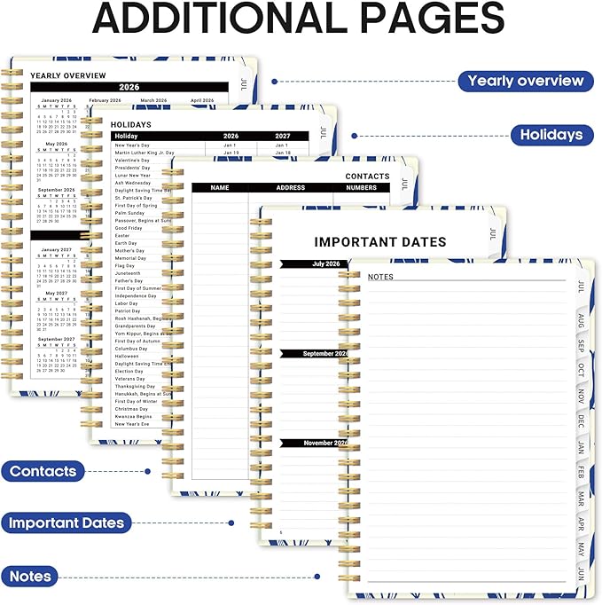 Planner 2026-2027, Academic Year Weekly and Monthly Calender Planner, from Jul 2026 - Jun 2027, Spiral Bound School Planning Book, Perfect for Teacher, Student, Women & Men, A5 (6.3" x 8.5"), Indigo Tulips