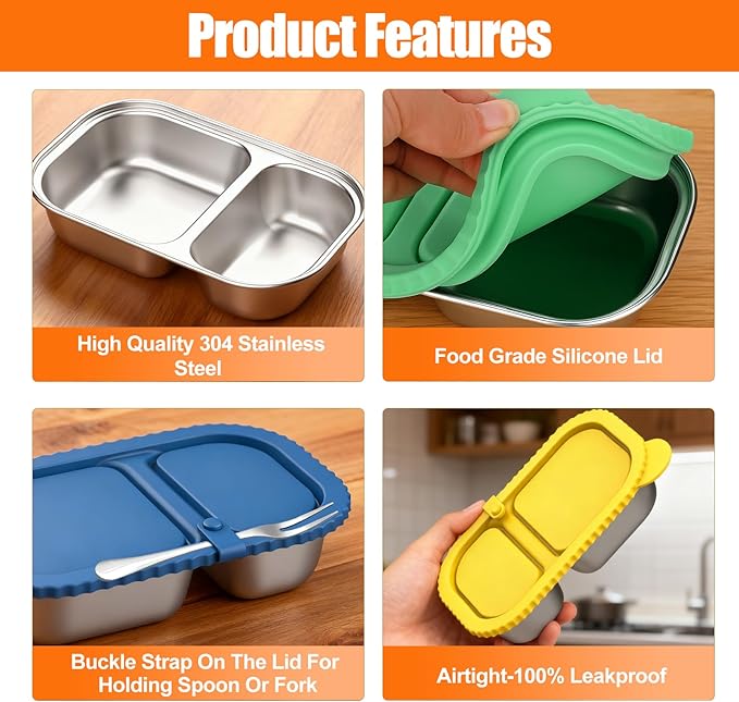 Stainless Steel Snack Containers with Silicone Lids, 4 Pack Reusable 2-Compartment Food Storage Containers, Snackle Box Container, Leak-Proof Metal Bento Lunch Box for School, Travel, Home