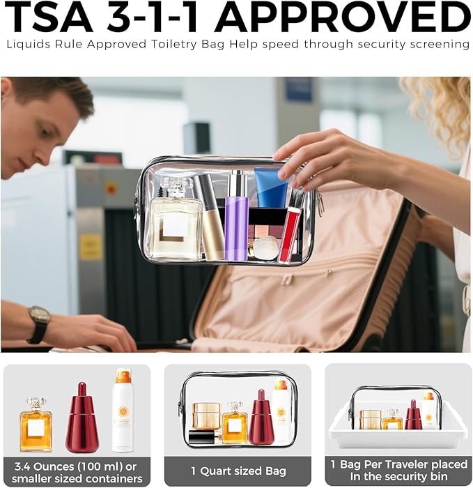 AURUZA Clear Makeup Bag, Portable Travel Toiletry Bags with Zipper, TSA Approved Clear Organizer Bags, PVC Cosmetic Pouch for Airport Airline Compliant