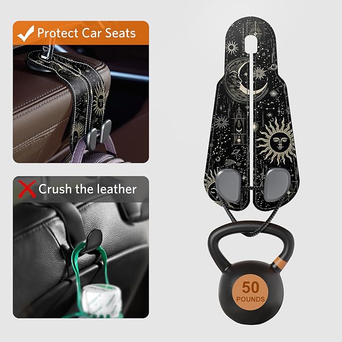 CoBak Purse Hook for Car - Universal Premium Stitched Leather and Aluminum-Magnesium Alloy Double Car Seat Back Storage Hook for Purses, Handbags, Bags (2 Pack), Star Mark
