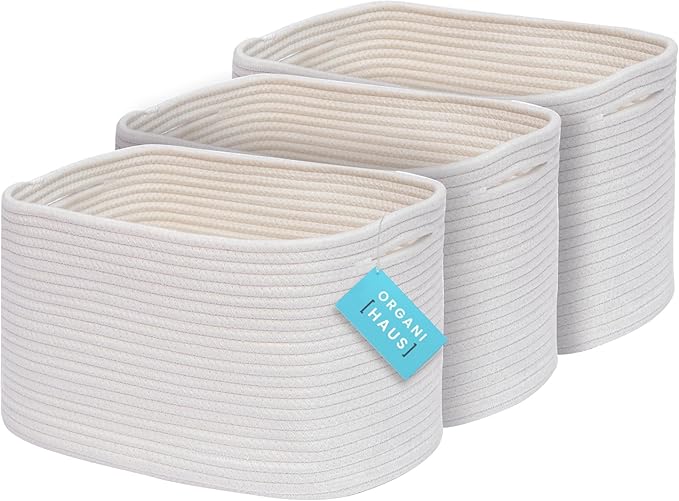 OrganiHaus Set of 3 Off-White Woven Storage Baskets for Shelves, Decorative Organizer Bins for Closet, Bathroom & Living Room, Multipurpose Home Organization Baskets, Toy Storage Basket - 15x9x10 in