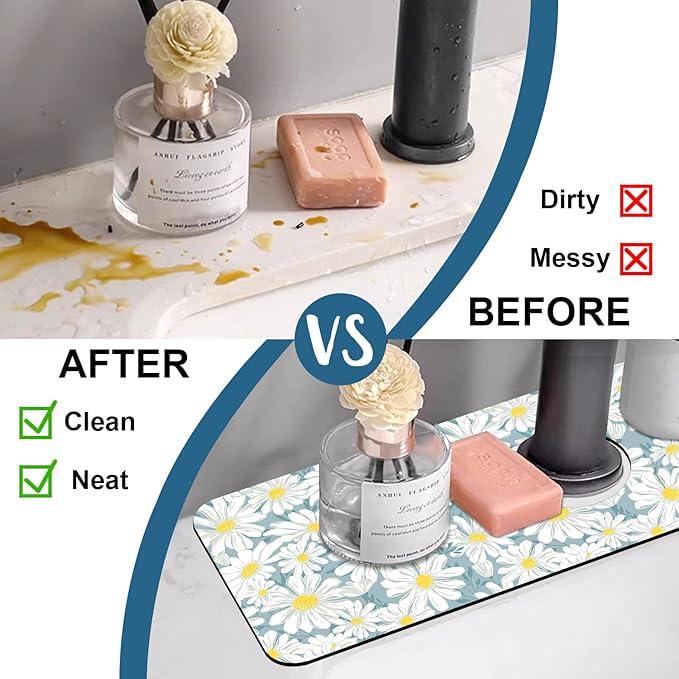 White Flower Sink Splash Guard Cute Chamomile Faucet Absorbing Mat Fast Drying Mat Sink Gadgets Splash Guard Behind Faucet Drip Catcher for Kitchen Bathroom, 15.5"x5.5"