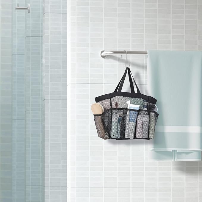 F-color Mesh Shower Caddy Portable with Dividers - Upgraded Deeper 7 Pockets Dorm Room Essentials with S Hook, Shower Bag Basket Tote for Guys Girls College Camping Toiletry Bathroom, Black