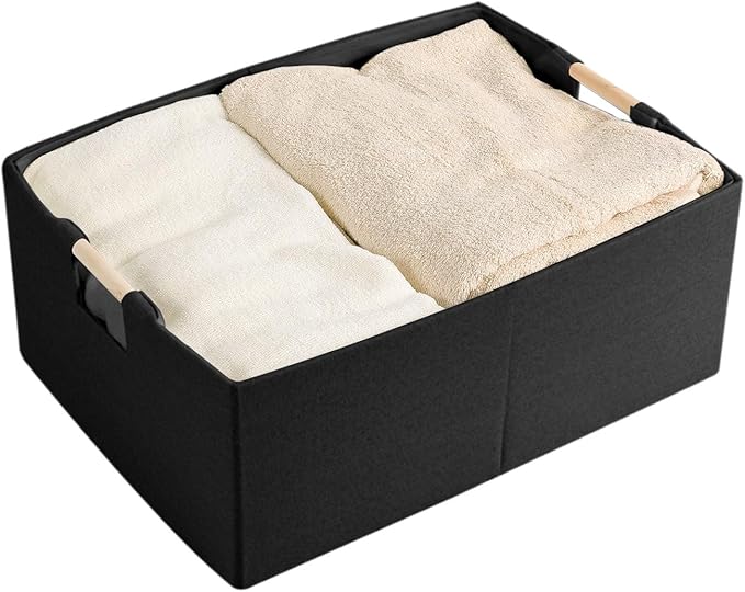 Fabric Storage Bin Box Foldable Cotton Linen Storage Basket with Wooden Handles Rectangular Cube Decorative Home Laundry Organizer Clothes Blanket Container – Black, Medium