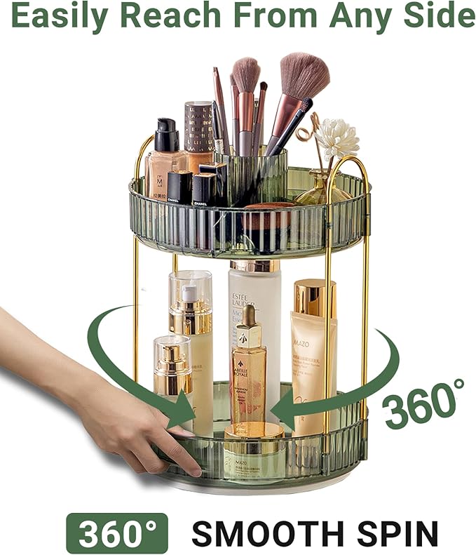 360 Rotating Makeup Organizer, 2 Tier Large Capacity Make Up Organizers and Storage, Skincare Perfume Vanity Organizers, Bathroom Cosmetics Storage Organizer Countertop (Green)