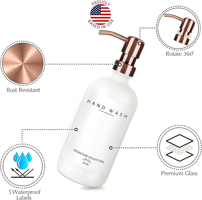 Emerson Essentials Thick Glass Soap Bottle Dispensers, 2 Pack, Non Rust Stainless Steel Pumps Hand Set for Bathroom Kitchen Sink, Shampoo Lotion Liquid Jars, 16 Oz, with 4 Waterproof Labels – White