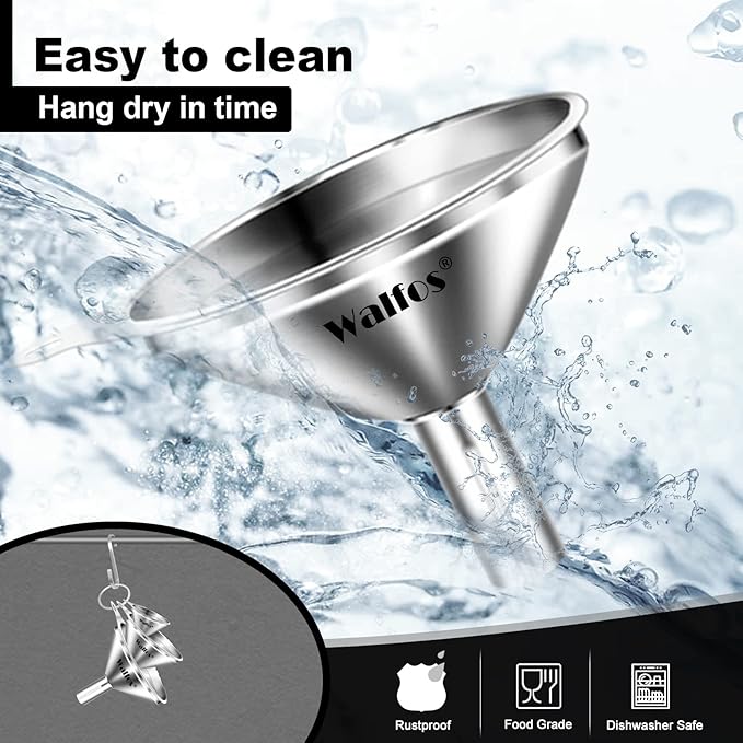 WALFOS Mini Stainless Steel Funnels, Multi-use Small Kitchen Funnel Set, for Transferring Liquid, Fluid, Essential Oils, Powder,Tiny Spices,Long-Lasting and Dishwasher Safe (3 in、2.2 in、1.7in)