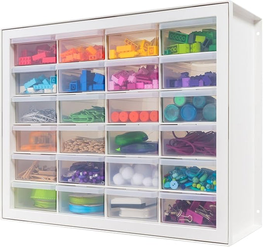 IRIS USA Plastic Storage Drawers, Made in USA, 24-Drawer Small Parts Organizer Cabinet, Stackable Teacher Toolbox for Crafts, Beads, Hardware, Screws, Nuts & Bolts, Scrapbook Supplies – White