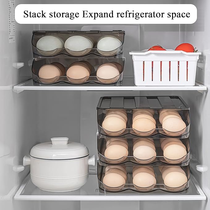 Egg Holder for Refrigerator Auto Scrolling Organizer Plastic Stackable Storage Container Reusable Clear Tray Box Basket Bin Lid Drawer Carrier Keeper(2 Layer)