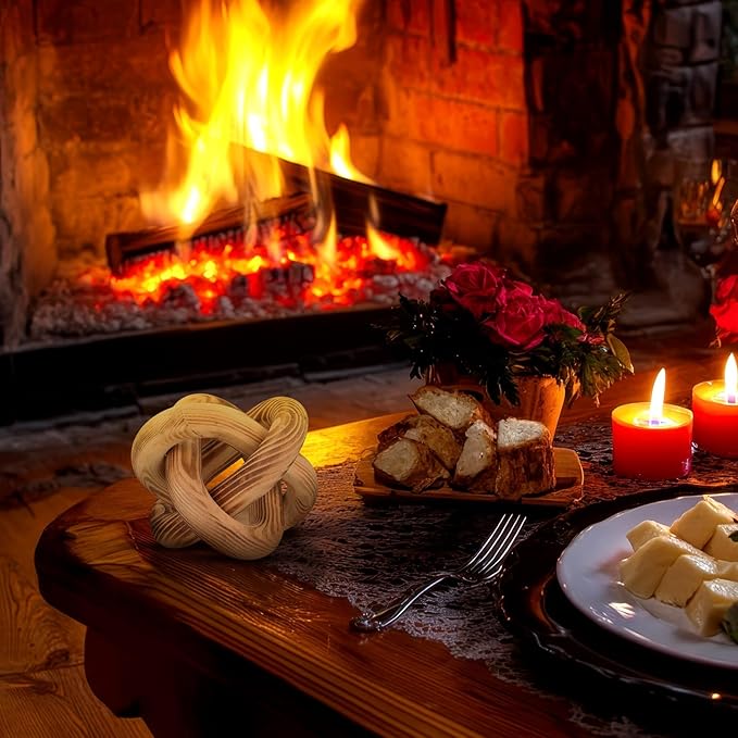 3 Link Wood Knot Decor - Hand Carved Coffee Table Decoration, Boho Chain Link Decor, Modern Shelf, Rustic Objects for Home Living Room Bedroom (Burnt)