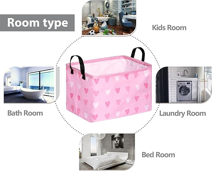 Rec Pink Heart Print Box Hamper Storage Basket Collapsible Organizer Bin Gift Shelf Baskets for Home and Kitchen Storage