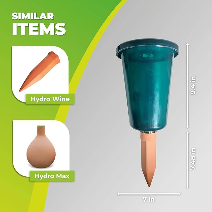 BioGreen HYDRO CUP Self Watering Planter Insert | 0.66 gal | Clay Spikes & Cup | Plant Watering Globes w/ Level Indicator | Terracotta/Green | 4 Pcs