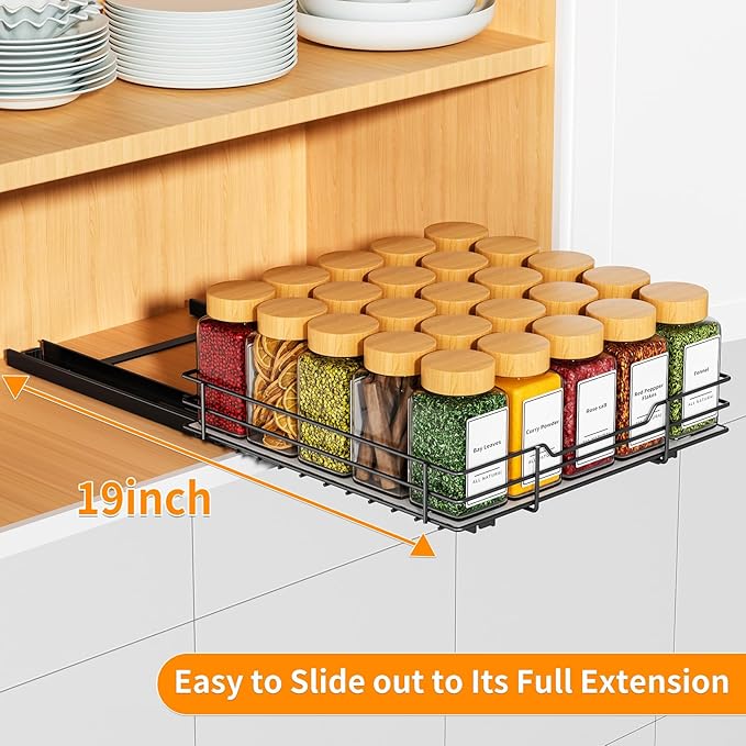 RCHYFEED Pull Out Spice Rack Organizer for Cabinet, Slide out Spice Organization for Inside Cabinets, Heavy Duty Seasoning Organizer Fits Kitchen and Pantry, Sauces, Canned (10.5''Wx10.5''Dx2.5''H)