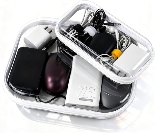 2PCS Clear Electronics Organizer Travel Case, Waterproof Tech Pouch, Cable Storage with 8 Wire Ties, Travel Portable Hard Shell Zipper Cases for Cord, Phone, Airpods, Mouse, Medium & Small