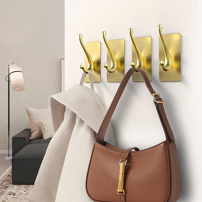 JCHOUS Towel Hooks, Solid Alloy Adhesive Wall Hooks for Hanging, Towel Hooks for Bathroom, RV, Kitchen, Closets, etc (Gold, 2 Pack)