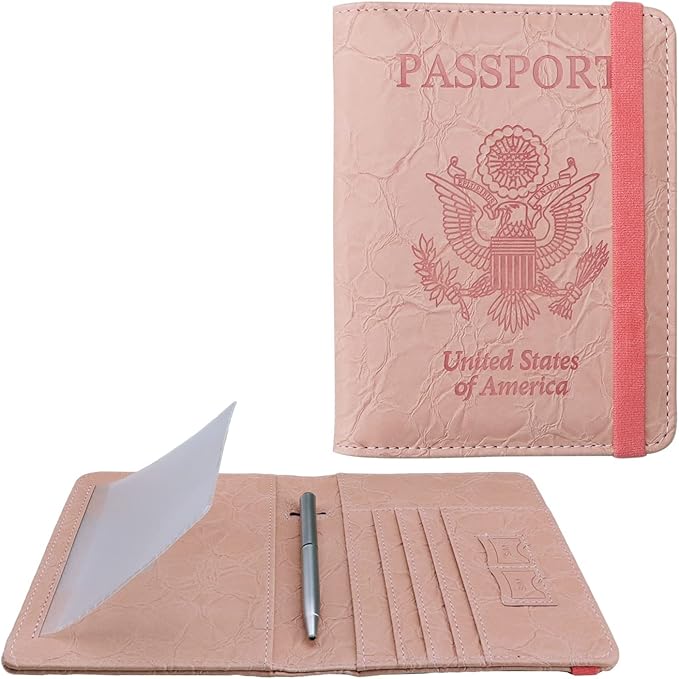 WALNEW Passport Holder for Travel, RFID Passport Cover Wallet for Women Men, PU Leather Passport Book Card Holder Case with Pen (Upgraded, Upgraded-B-Pink)