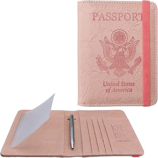 WALNEW Passport Holder for Travel, RFID Passport Cover Wallet for Women Men, PU Leather Passport Book Card Holder Case with Pen (Upgraded, Upgraded-B-Pink)
