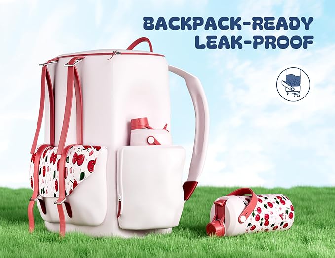 12 oz Kids Water Bottle for Girls: Leakproof, Durable Straw Spout Lid, 24H Cold, with Leather Sleeve, Easy Carry, Insulated Stainless Steel Cup for School, Travel, Camping, Daily (Giggly Cherry)