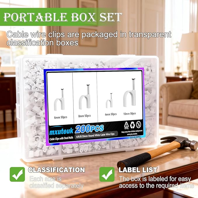 mxuteuk 200PCS Cable Clips with Steel Nails, 4/6/8/10mm Round White Cable Wire Clips, Wall Clips for Cords, Cable Cord Clips for RG6 RG59 CAT6 RJ45