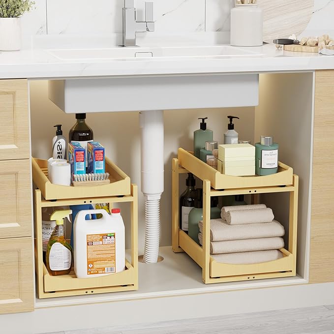 Wisuce Essentials Bamboo Under Sink Organizer Adjustable Height 2 Tier Bathroom Organizer Pull Out Cabinet Storage Kitchen Heavy Duty Wood Slide Out Shelf for Kitchen Bathroom (Nature, 2 Packs)