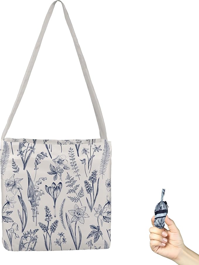 BeeGreen Froal Flowers Ultimate Crossbody Tote Bag - Reusable Grocery Shopping Bag - Foldable Compact Portable Sturdy Bags